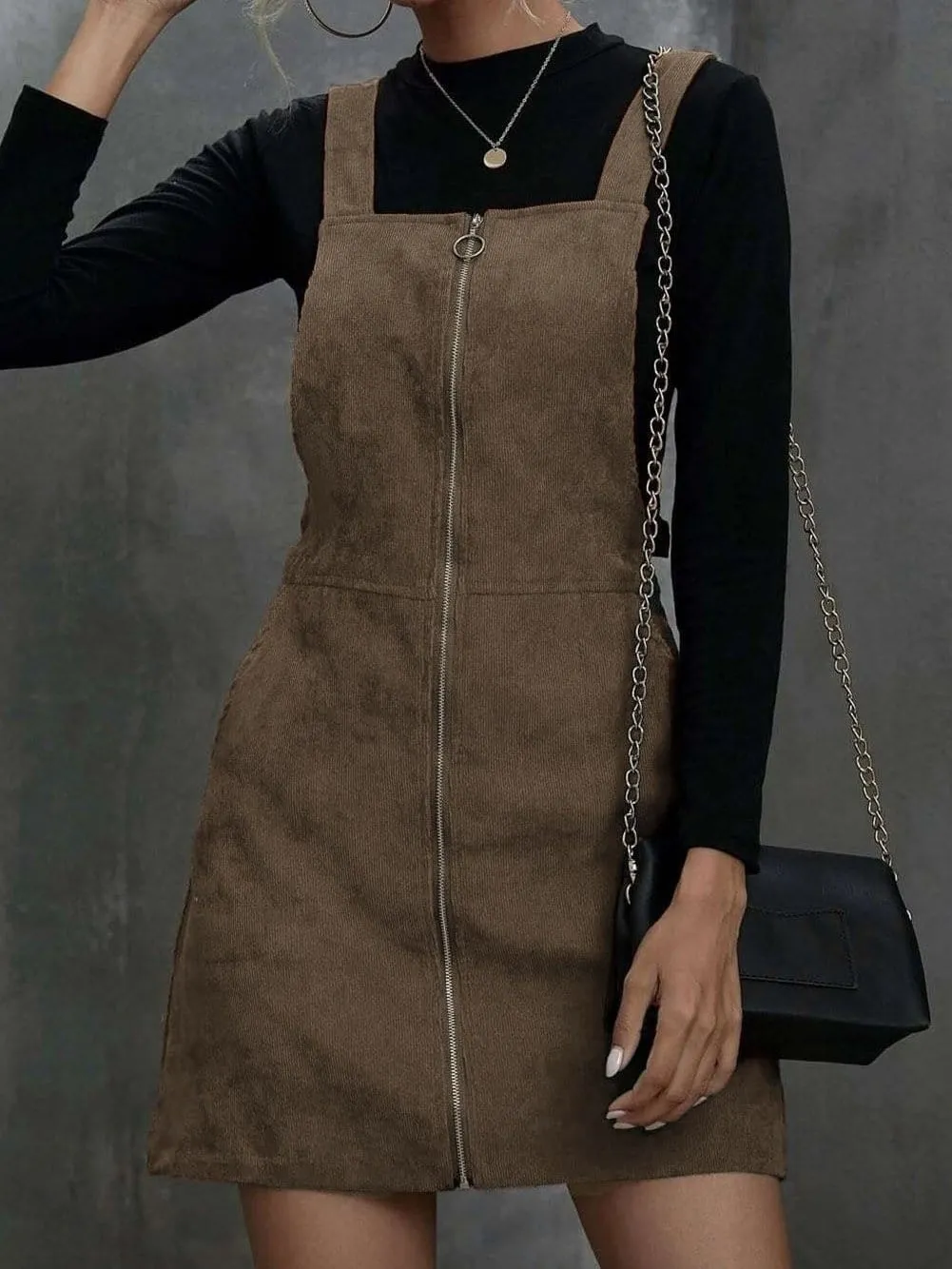 Brown Corduroy Pocketed Zip-Up Mini Dress with O-ring Detail