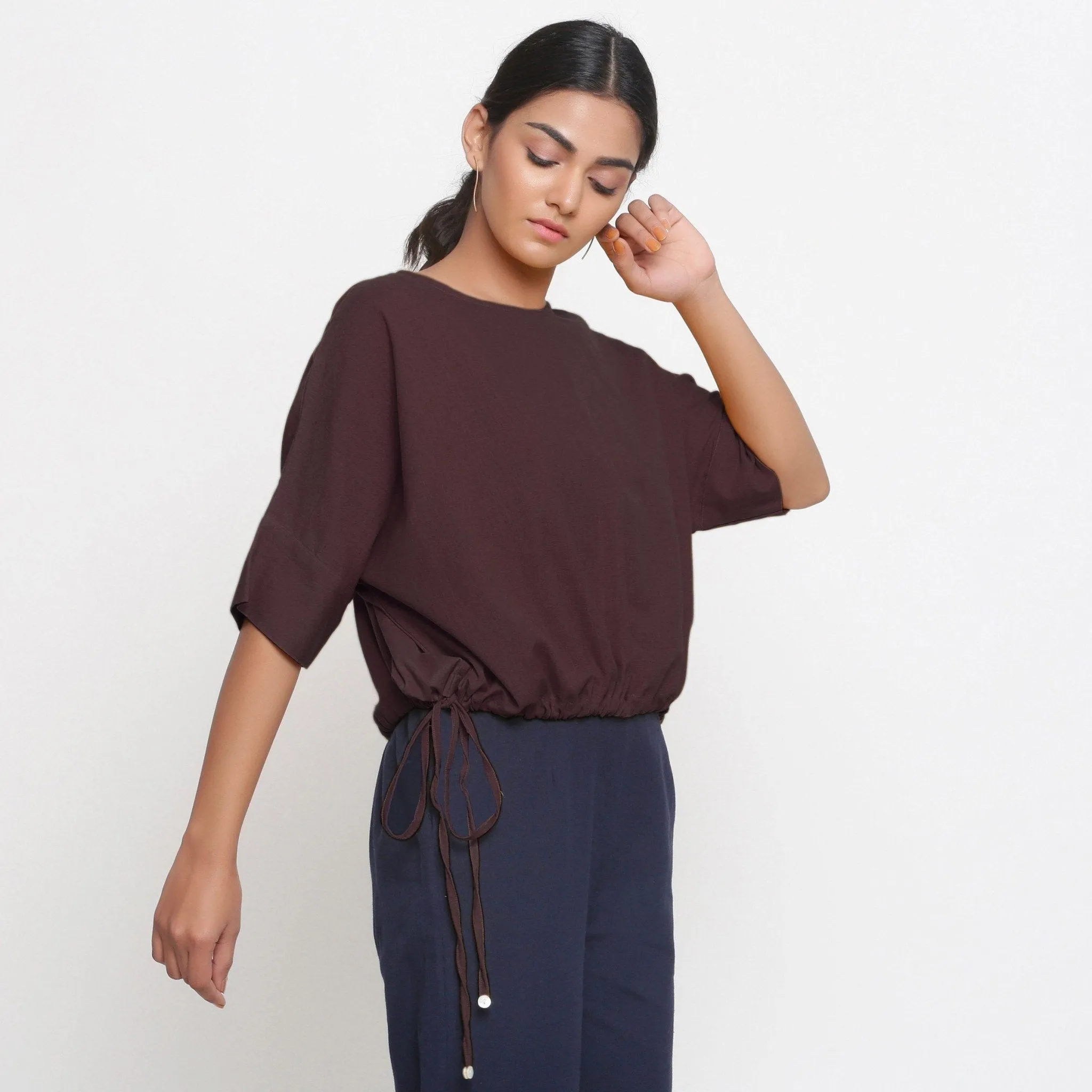 Brown Cotton Flax Round Neck Loose Fit Blouson Top
