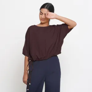 Brown Cotton Flax Round Neck Loose Fit Blouson Top