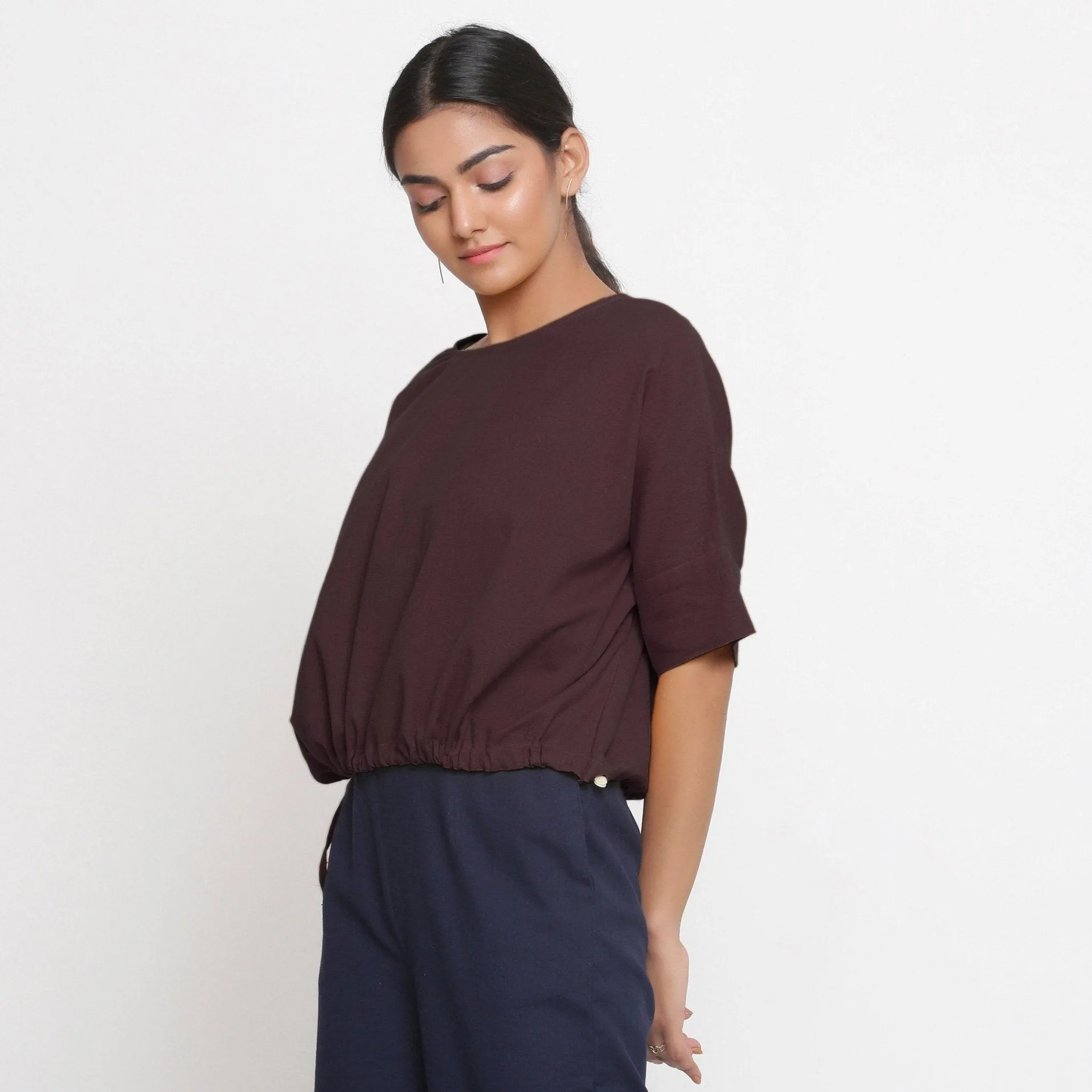 Brown Cotton Flax Round Neck Loose Fit Blouson Top