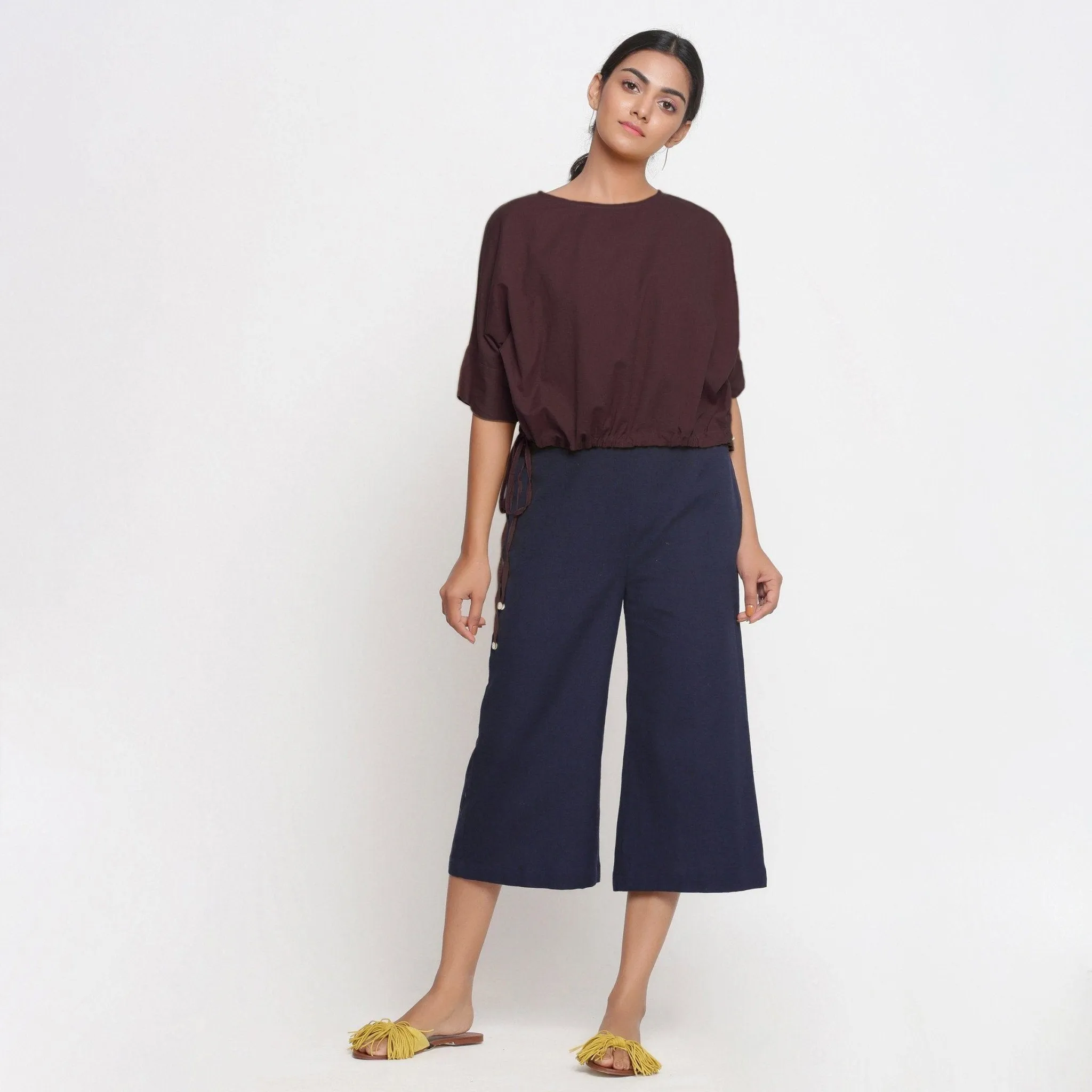Brown Cotton Flax Round Neck Loose Fit Blouson Top