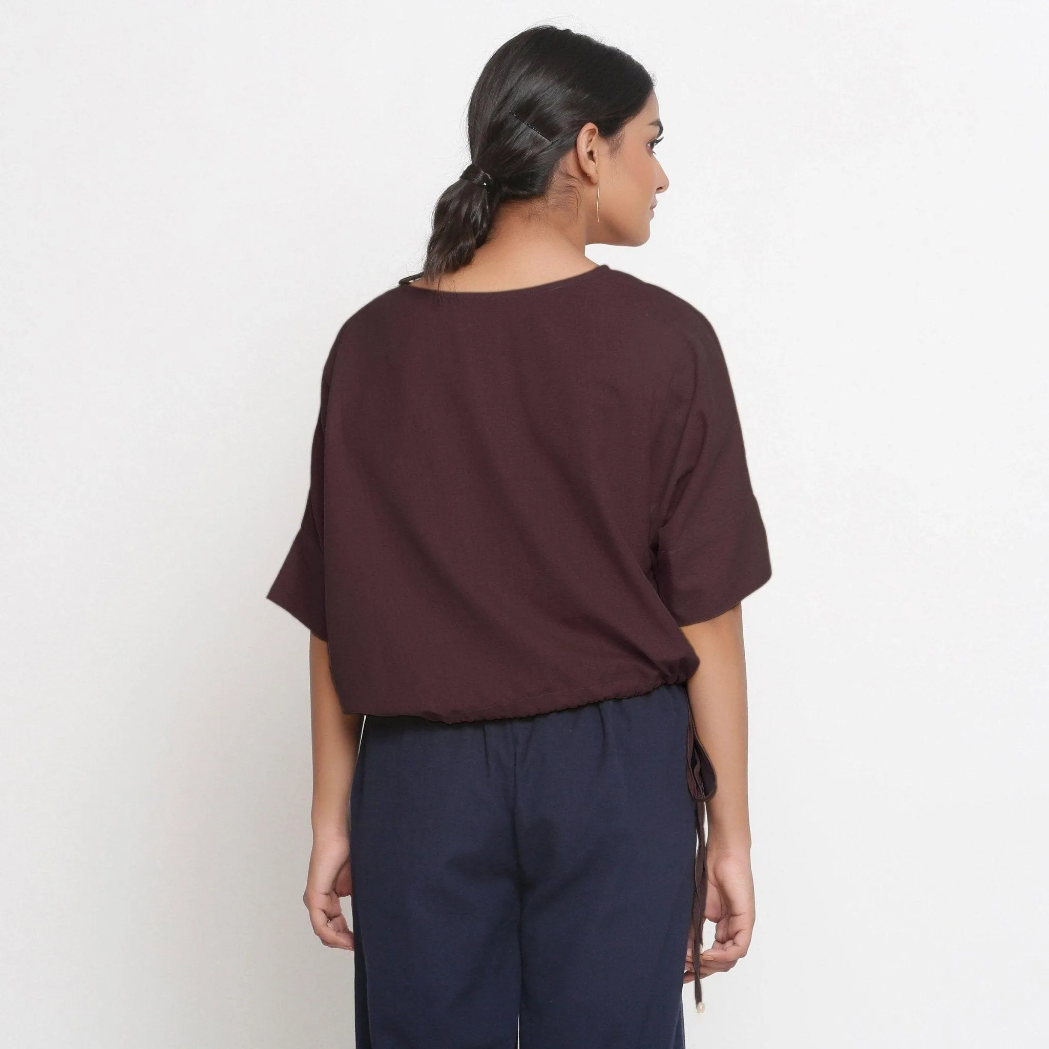 Brown Cotton Flax Round Neck Loose Fit Blouson Top