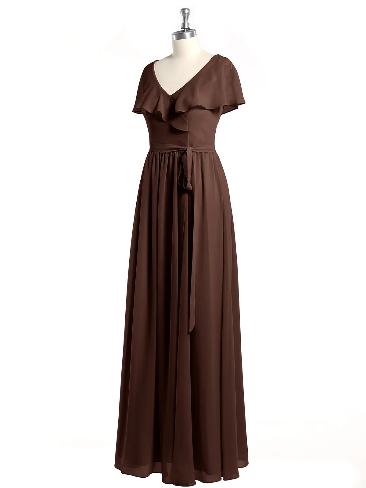 Cap Sleeves Long Chiffon Dresses with Slit-Chocolate