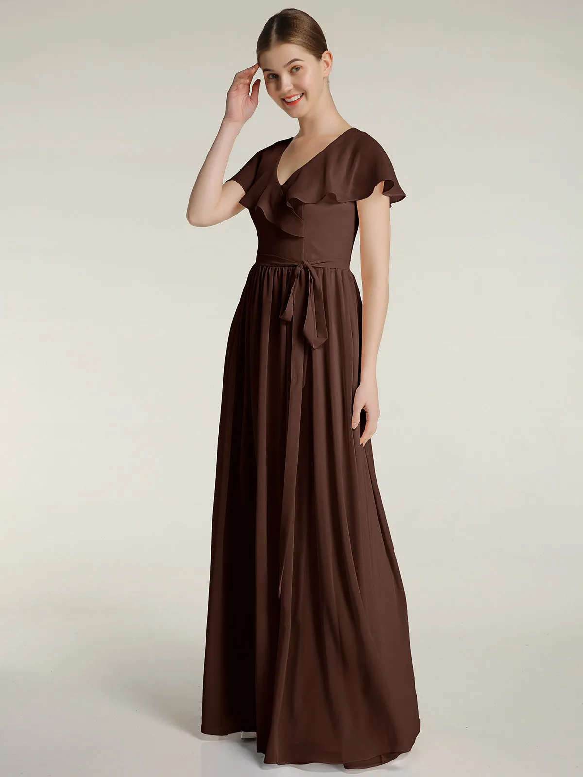 Cap Sleeves Long Chiffon Dresses with Slit-Chocolate