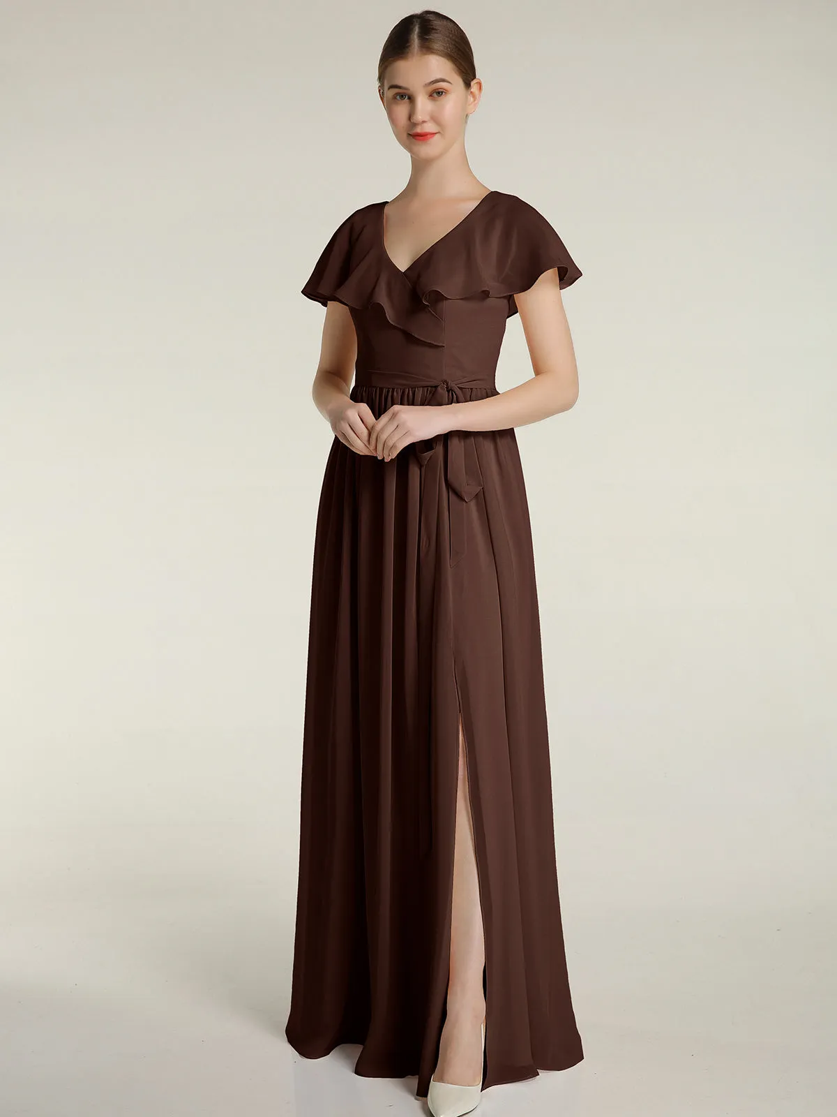 Cap Sleeves Long Chiffon Dresses with Slit-Chocolate