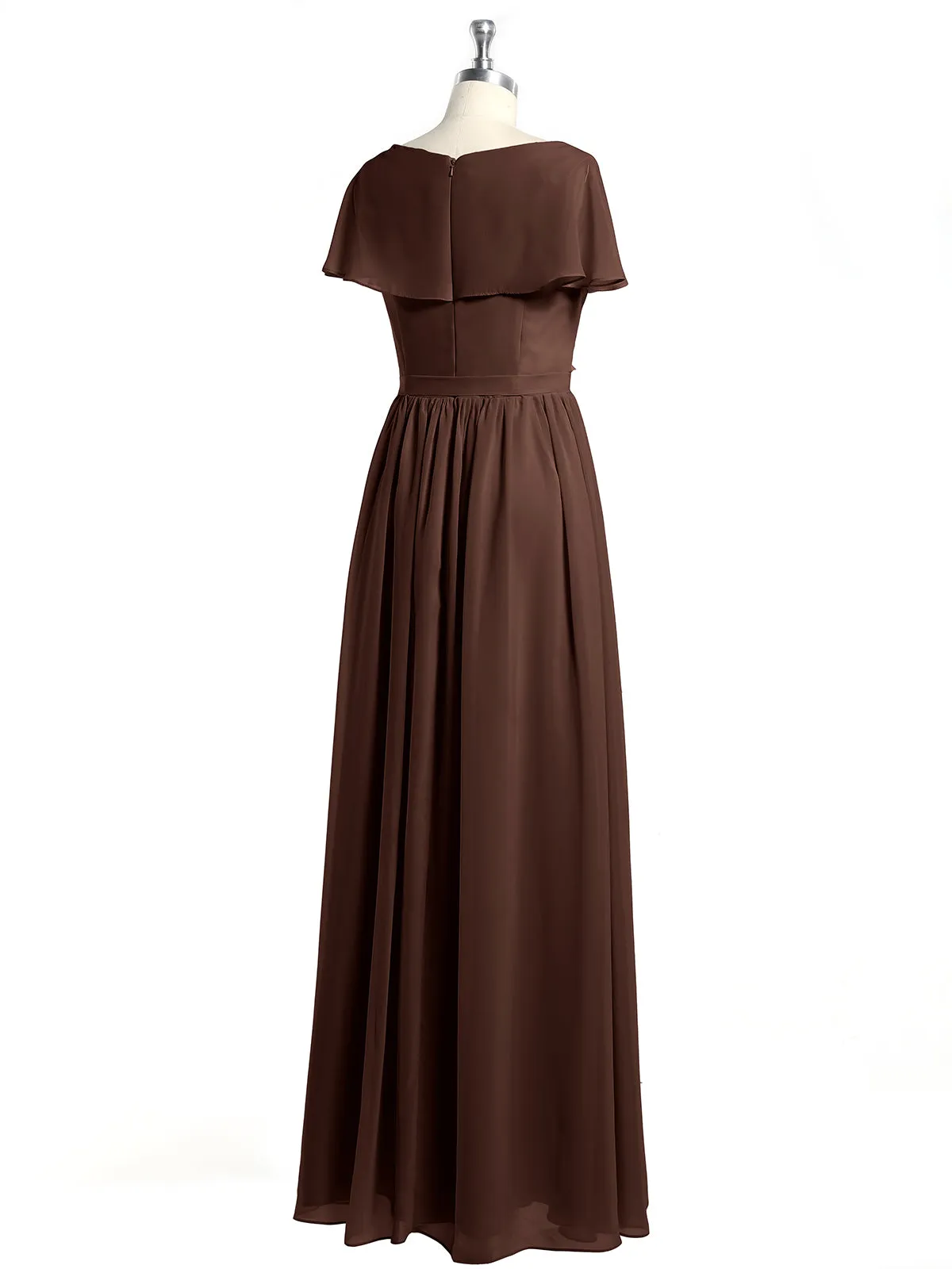 Cap Sleeves Long Chiffon Dresses with Slit-Chocolate