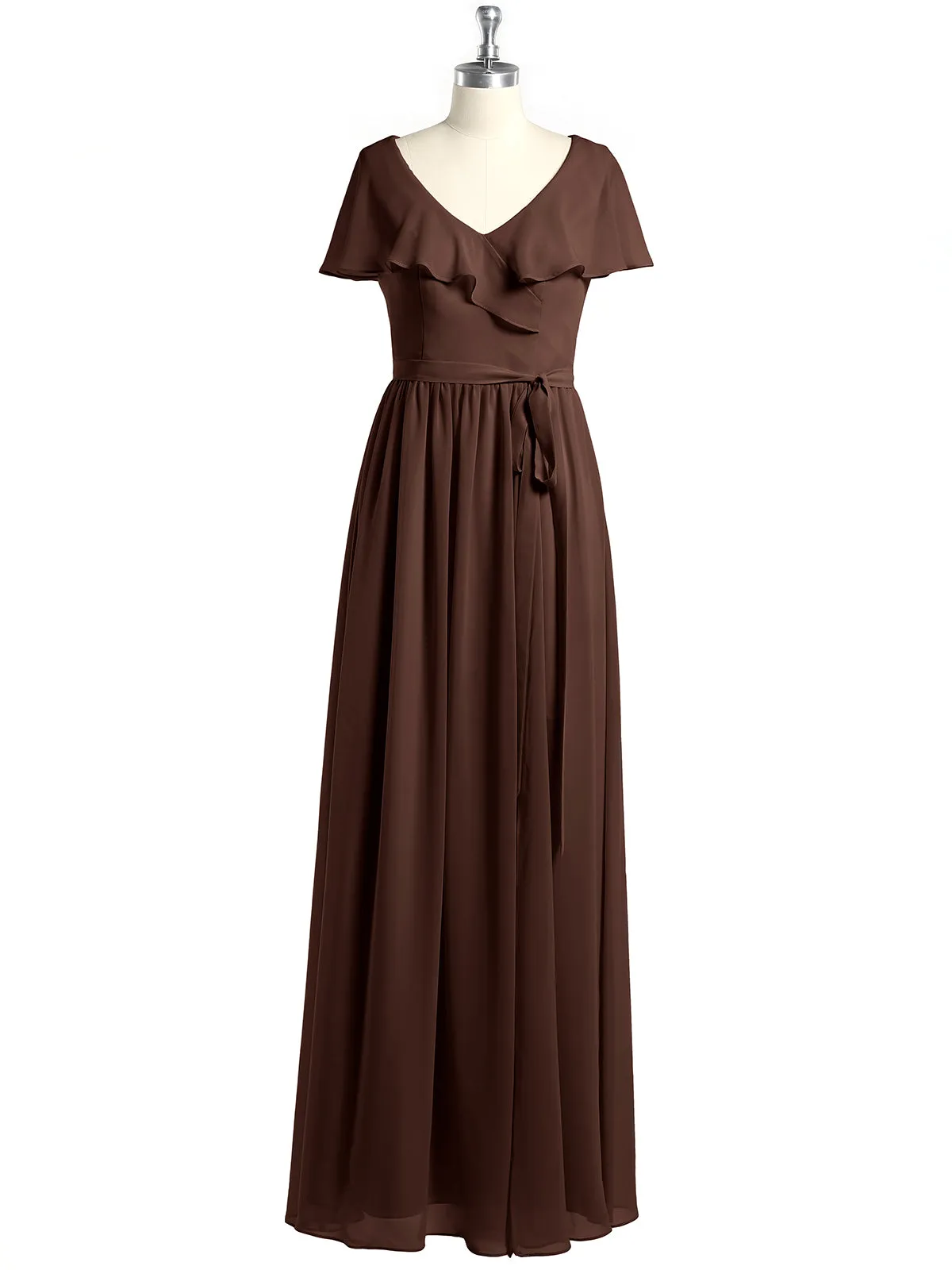 Cap Sleeves Long Chiffon Dresses with Slit-Chocolate