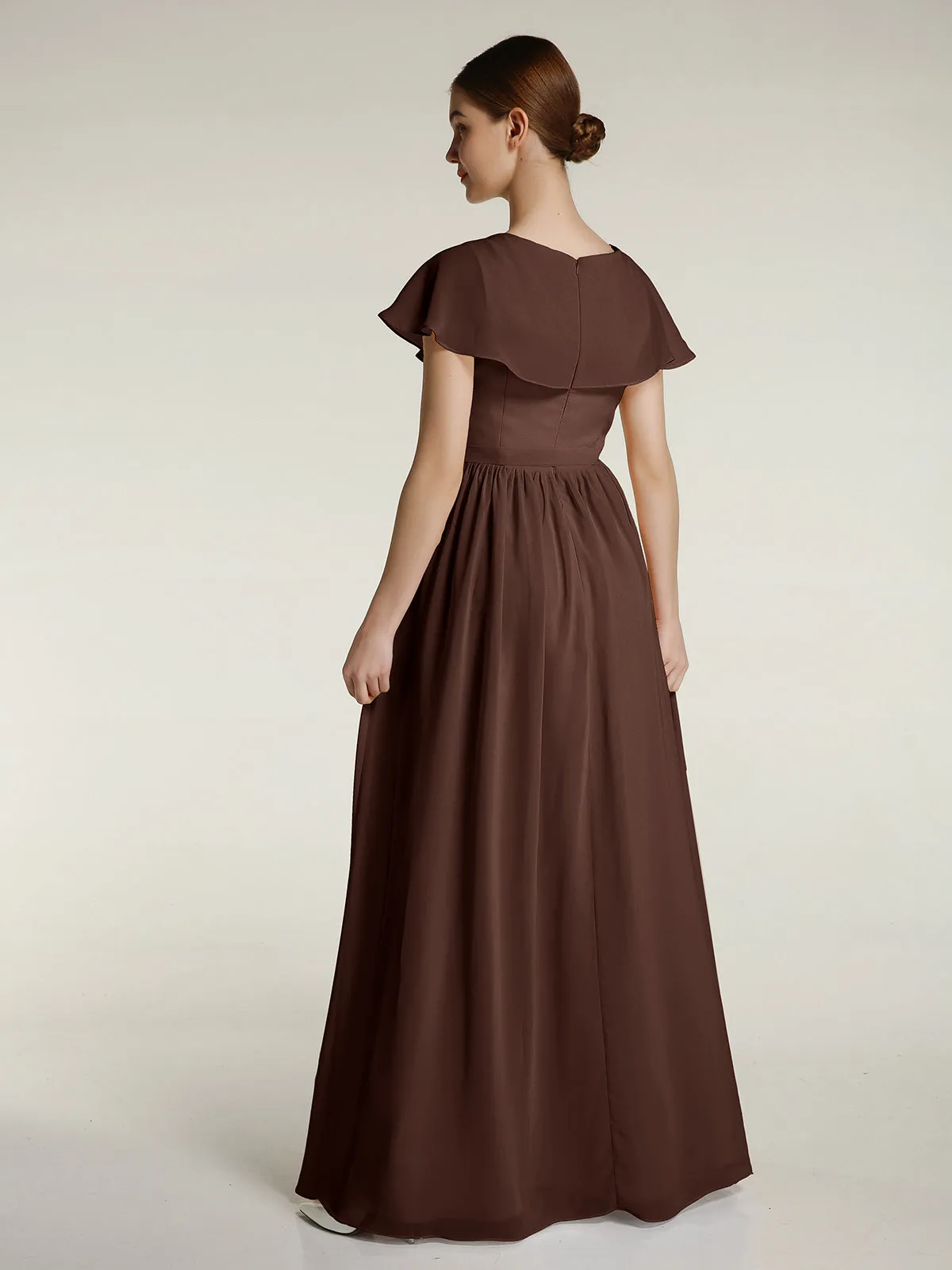 Cap Sleeves Long Chiffon Dresses with Slit-Chocolate