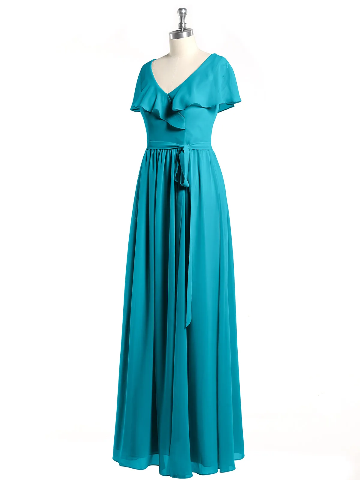 Cap Sleeves Long Chiffon Dresses with Slit-Jade