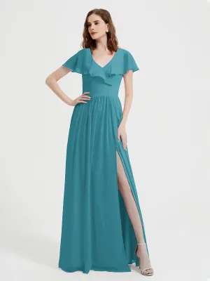 Cap Sleeves Long Chiffon Dresses with Slit-Jade