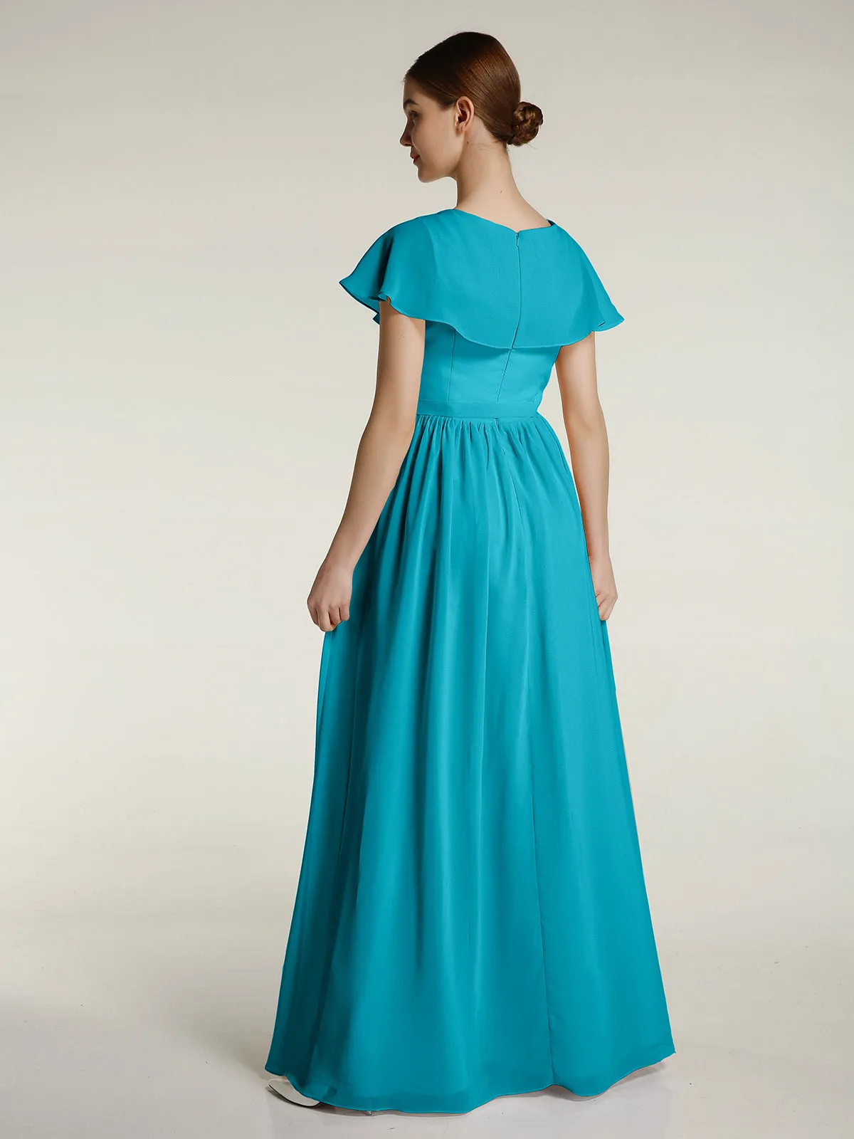 Cap Sleeves Long Chiffon Dresses with Slit-Jade
