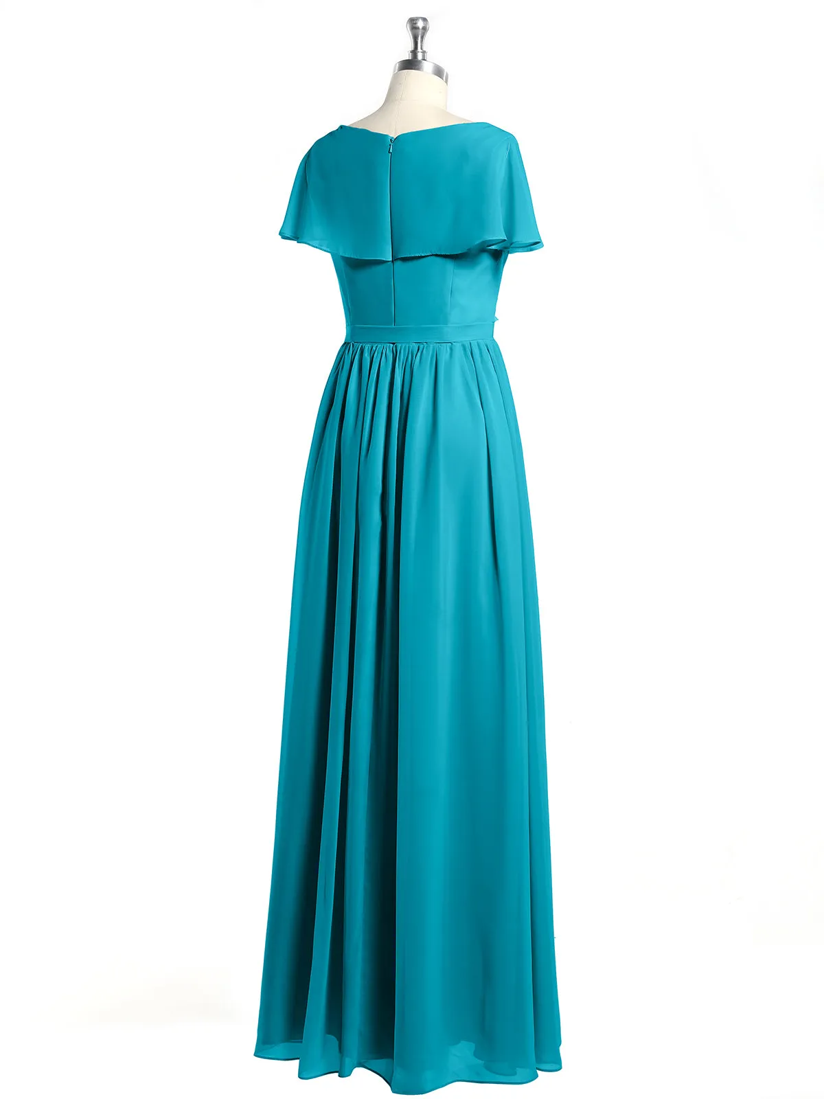 Cap Sleeves Long Chiffon Dresses with Slit-Jade