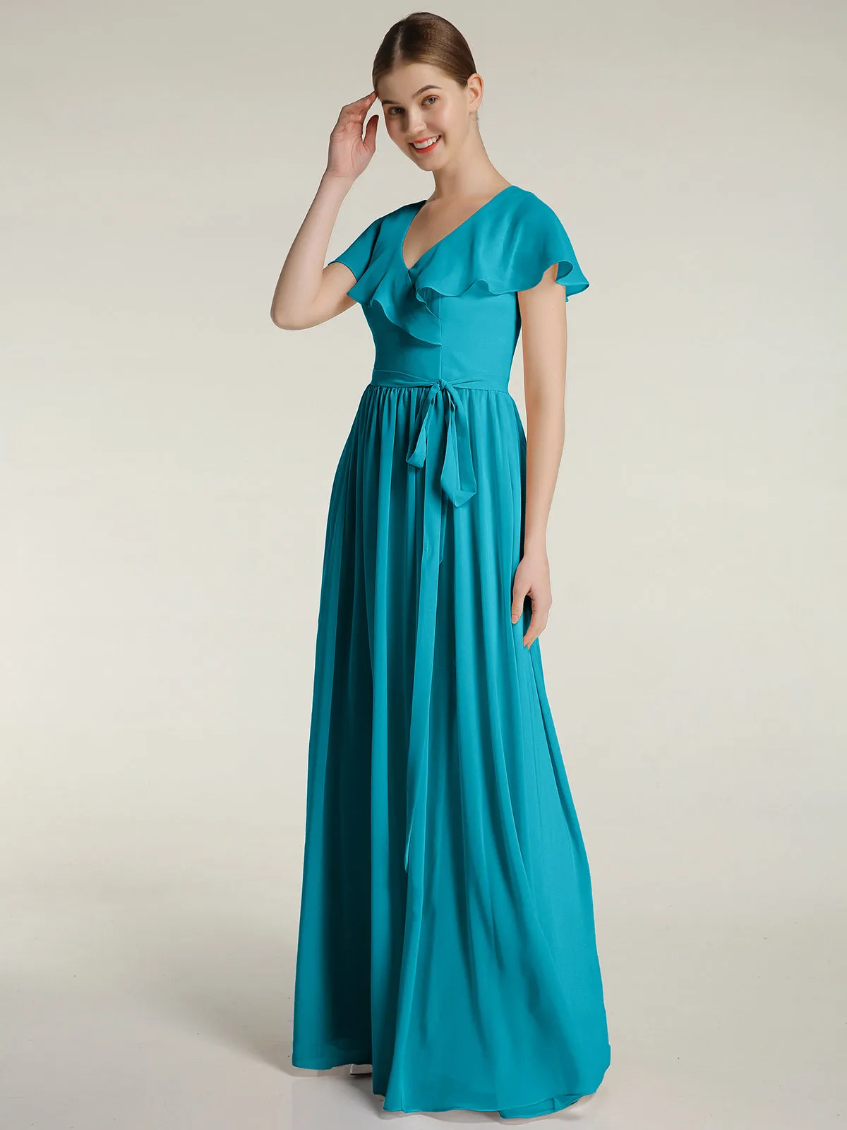 Cap Sleeves Long Chiffon Dresses with Slit-Jade