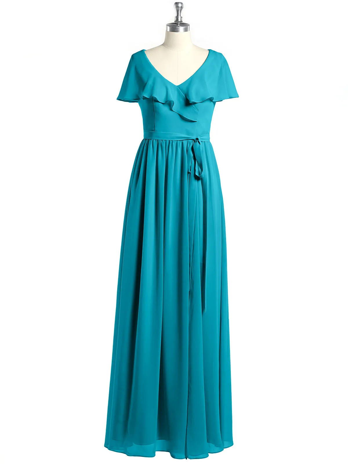 Cap Sleeves Long Chiffon Dresses with Slit-Jade