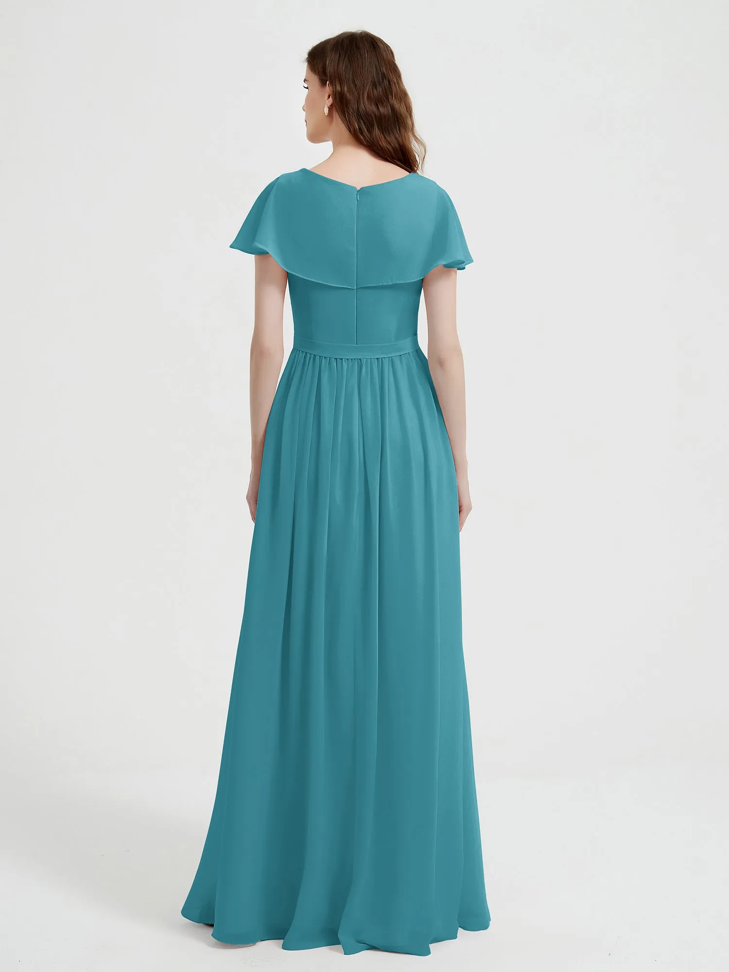 Cap Sleeves Long Chiffon Dresses with Slit-Jade