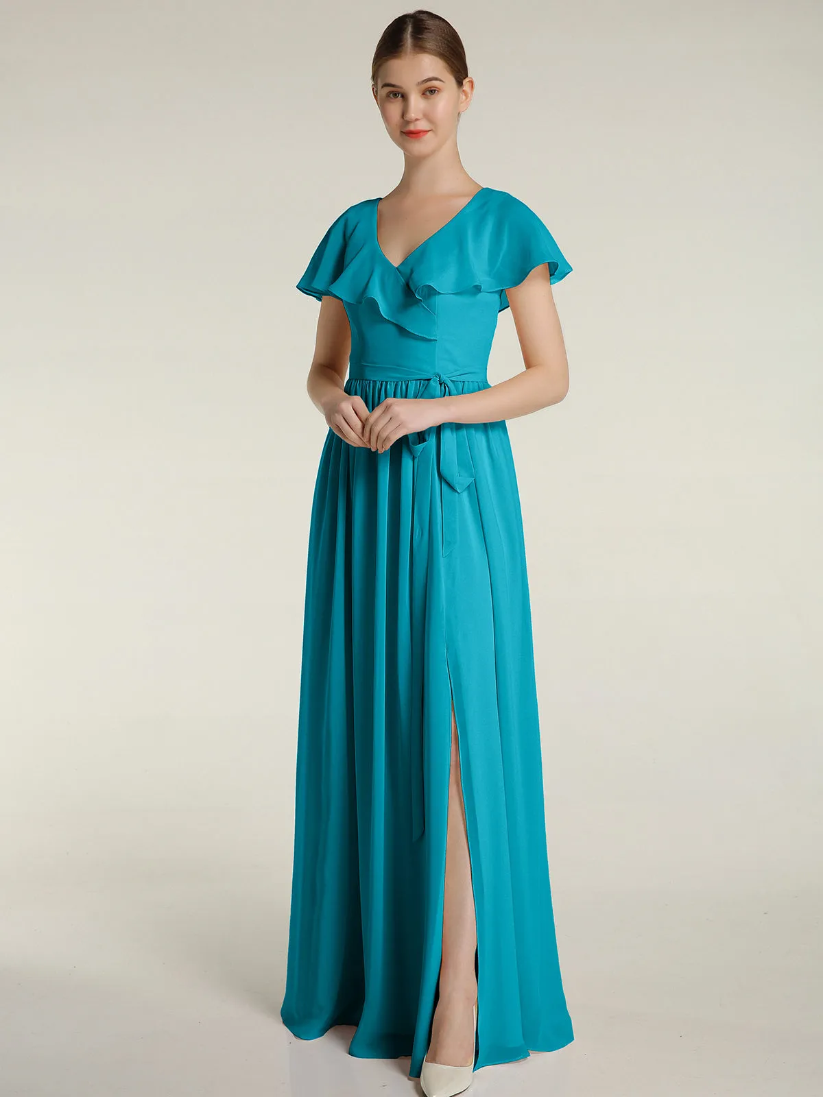 Cap Sleeves Long Chiffon Dresses with Slit-Jade