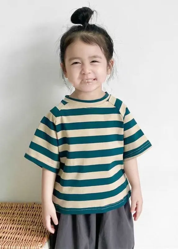 Casual Red Girls Striped Patchwork Tops Short Sleeve YU1065