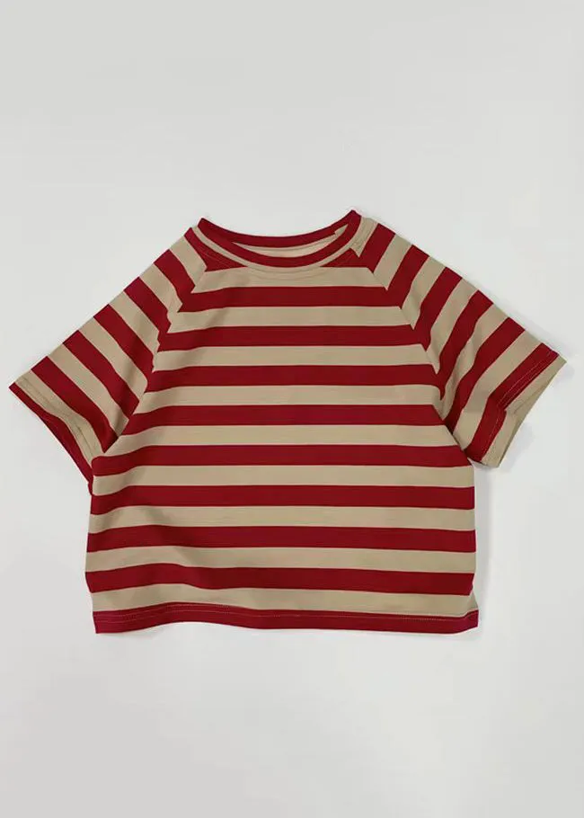 Casual Red Girls Striped Patchwork Tops Short Sleeve YU1065
