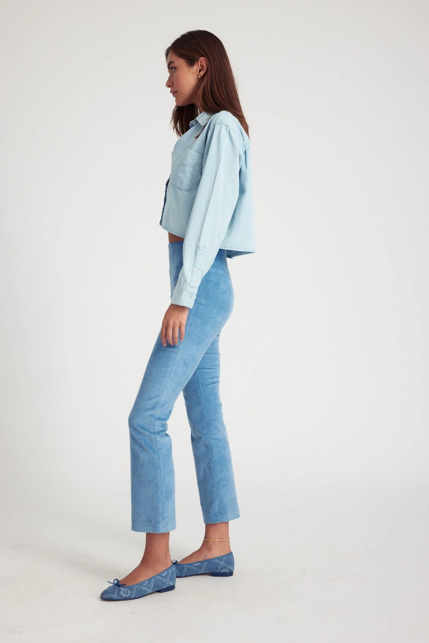 Chambray Blue Corduroy Ankle Flare Pants PR