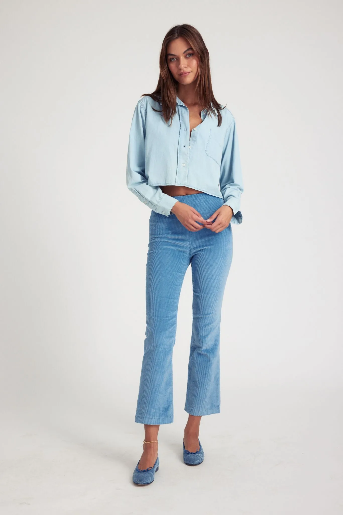 Chambray Blue Corduroy Ankle Flare Pants PR