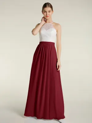 Chiffon Long Dresses with Ivory Lace Bodice-Burgundy