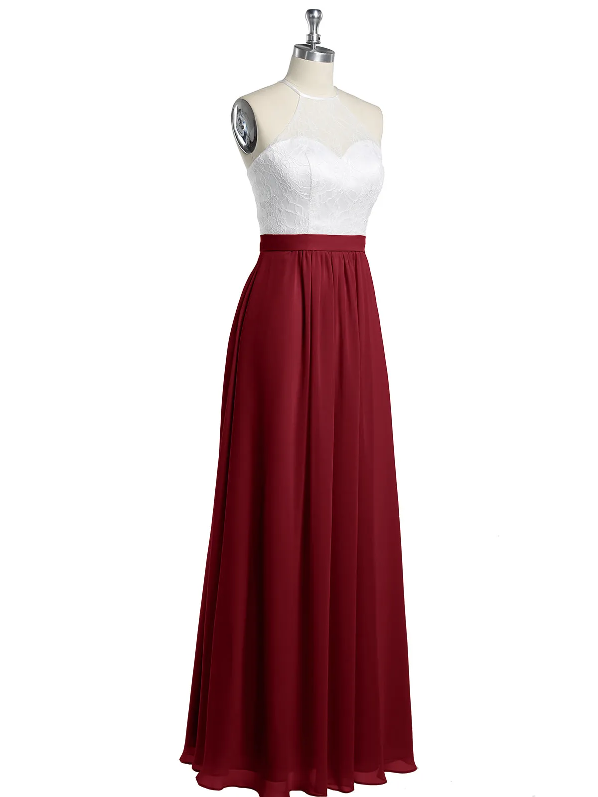 Chiffon Long Dresses with Ivory Lace Bodice-Burgundy