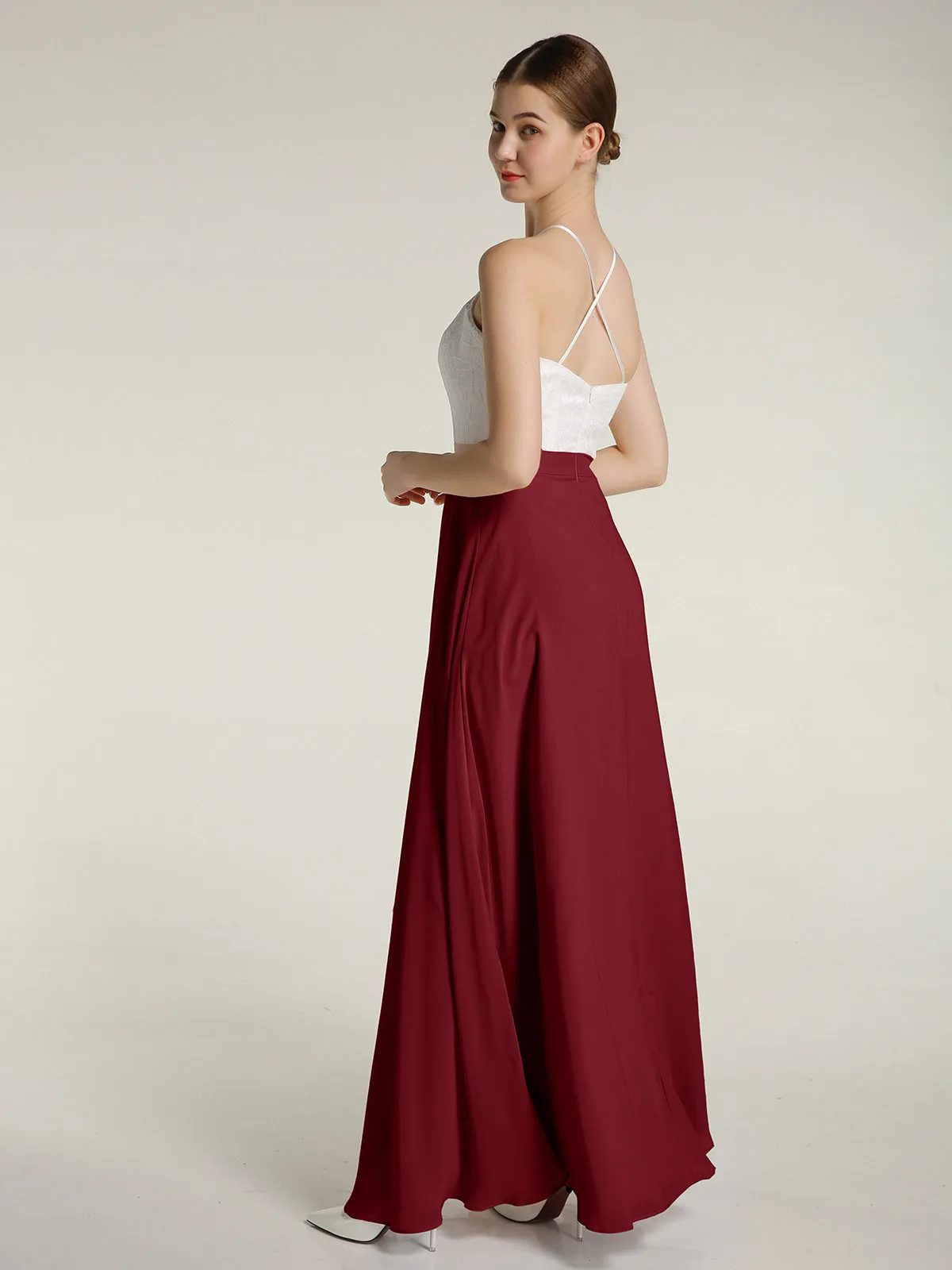 Chiffon Long Dresses with Ivory Lace Bodice-Burgundy