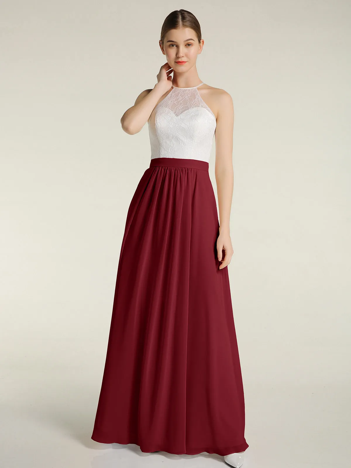 Chiffon Long Dresses with Ivory Lace Bodice-Burgundy