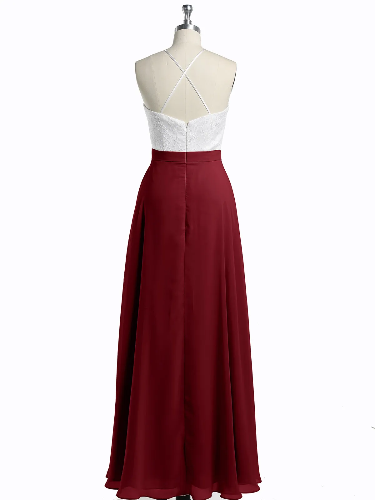 Chiffon Long Dresses with Ivory Lace Bodice-Burgundy