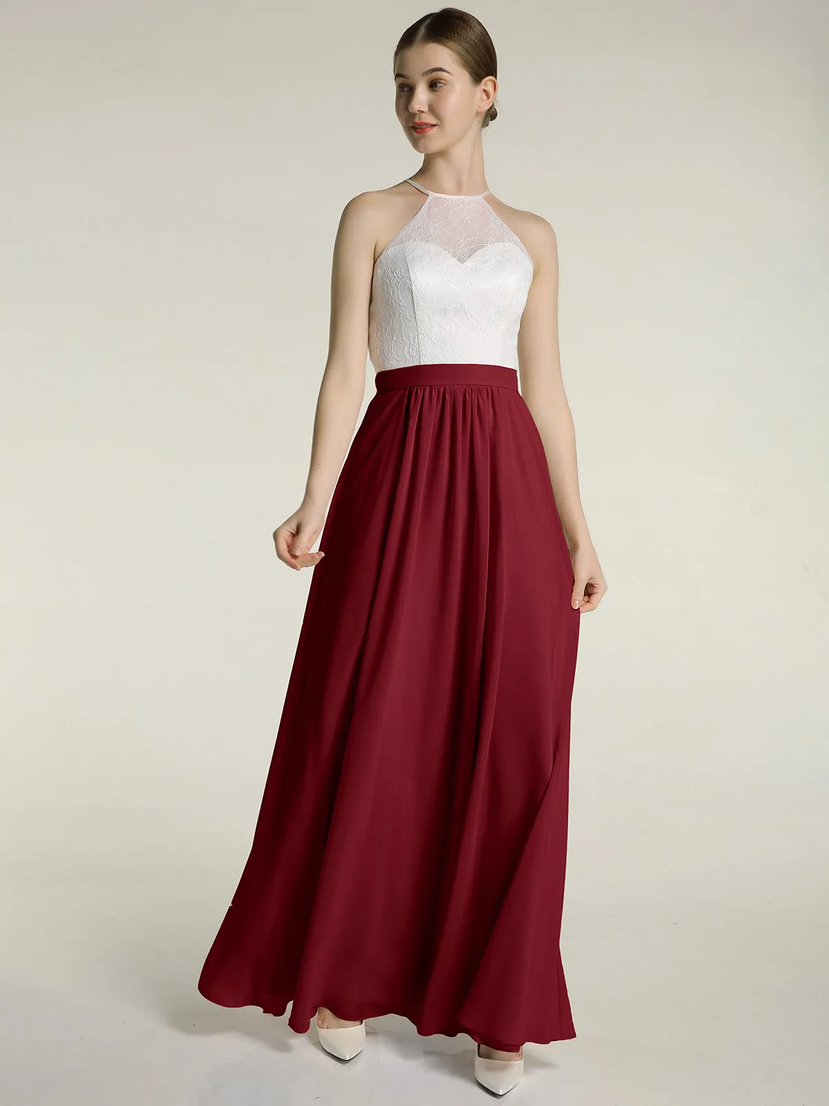 Chiffon Long Dresses with Ivory Lace Bodice-Burgundy