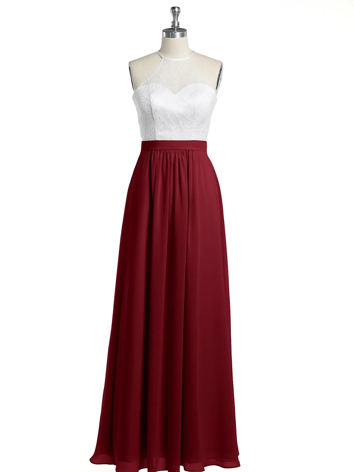 Chiffon Long Dresses with Ivory Lace Bodice-Burgundy