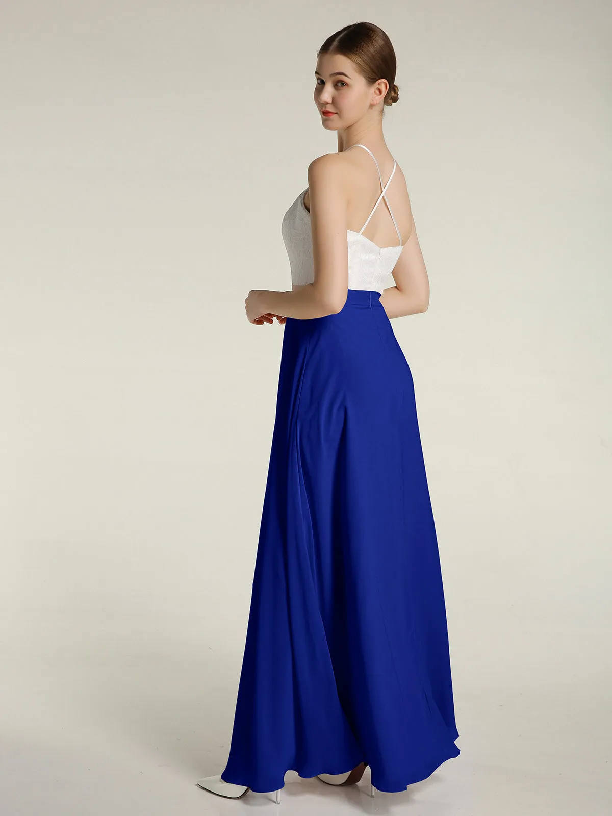 Chiffon Long Dresses with Ivory Lace Bodice-Royal Blue