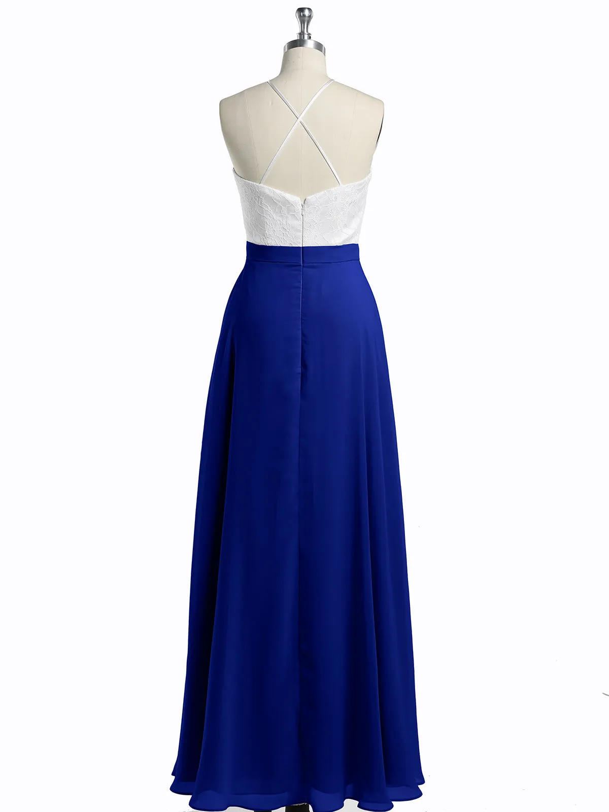Chiffon Long Dresses with Ivory Lace Bodice-Royal Blue