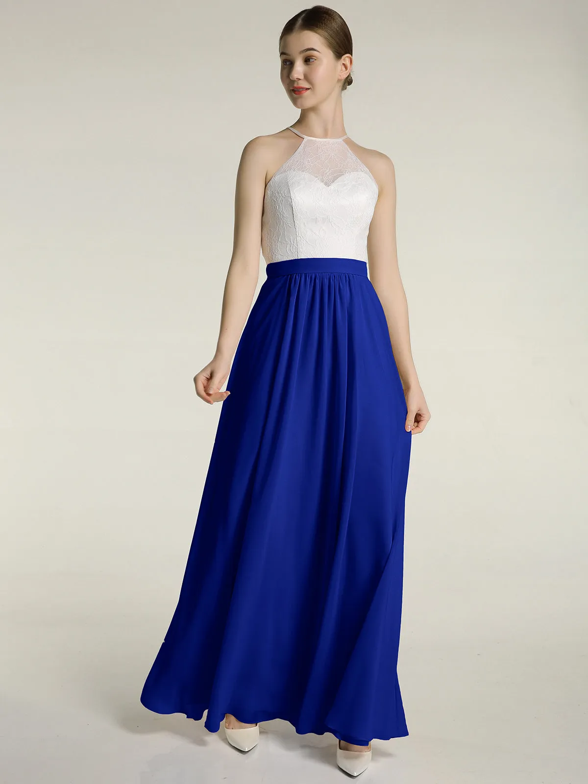 Chiffon Long Dresses with Ivory Lace Bodice-Royal Blue