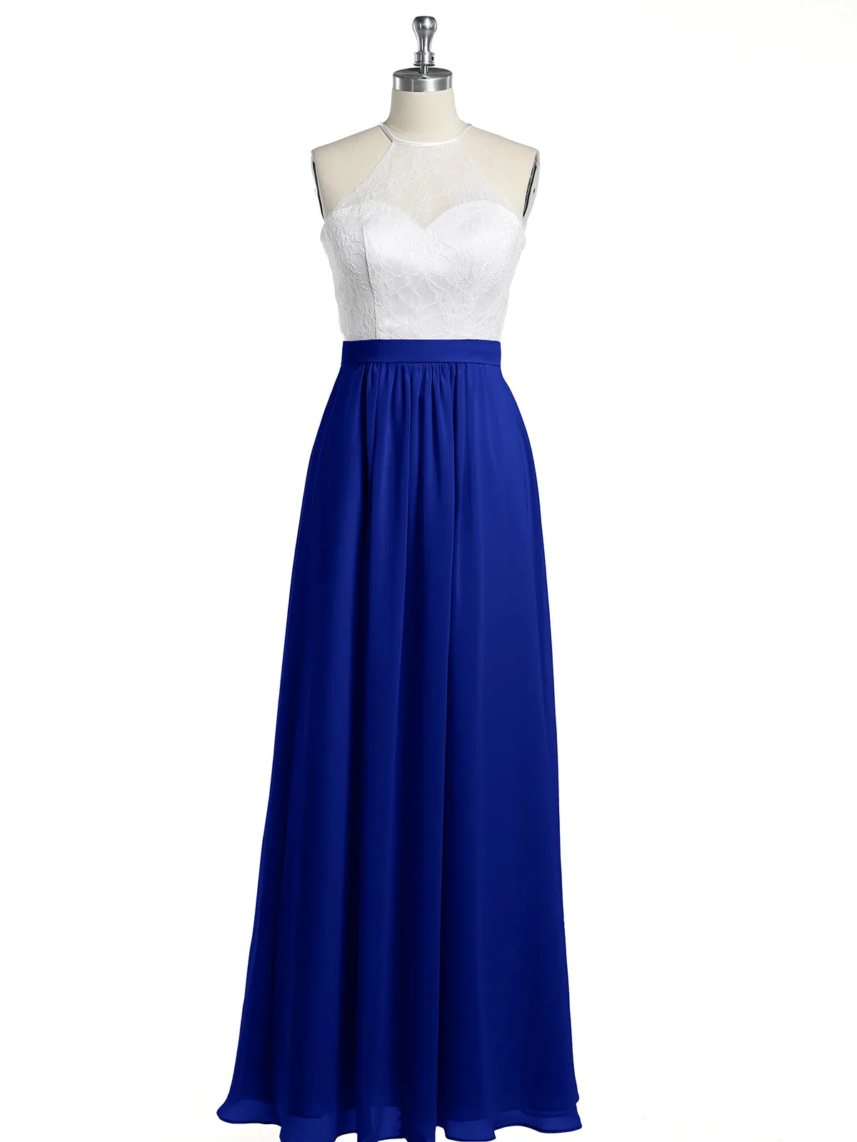 Chiffon Long Dresses with Ivory Lace Bodice-Royal Blue