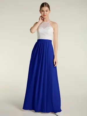 Chiffon Long Dresses with Ivory Lace Bodice-Royal Blue