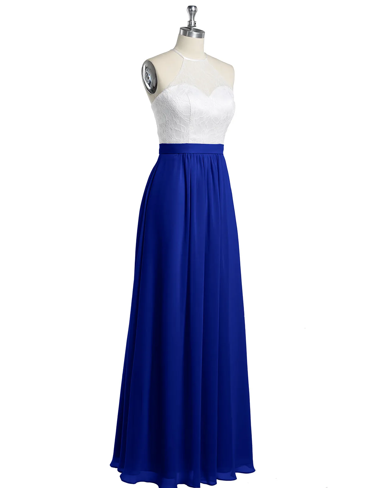 Chiffon Long Dresses with Ivory Lace Bodice-Royal Blue