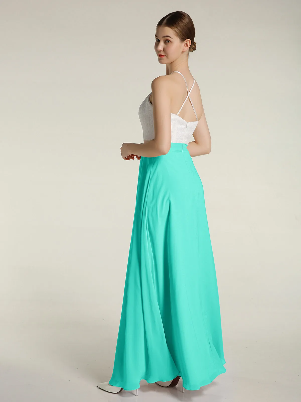 Chiffon Long Dresses with Ivory Lace Bodice-Spa