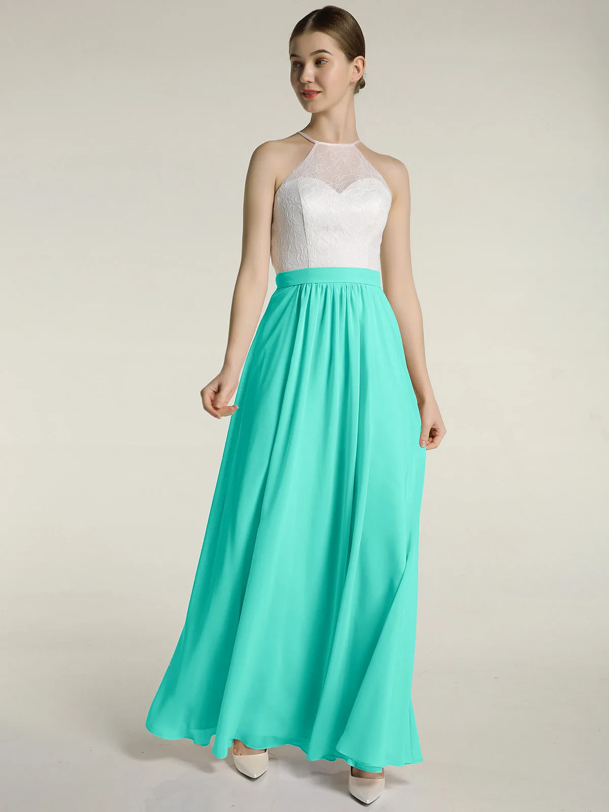 Chiffon Long Dresses with Ivory Lace Bodice-Spa