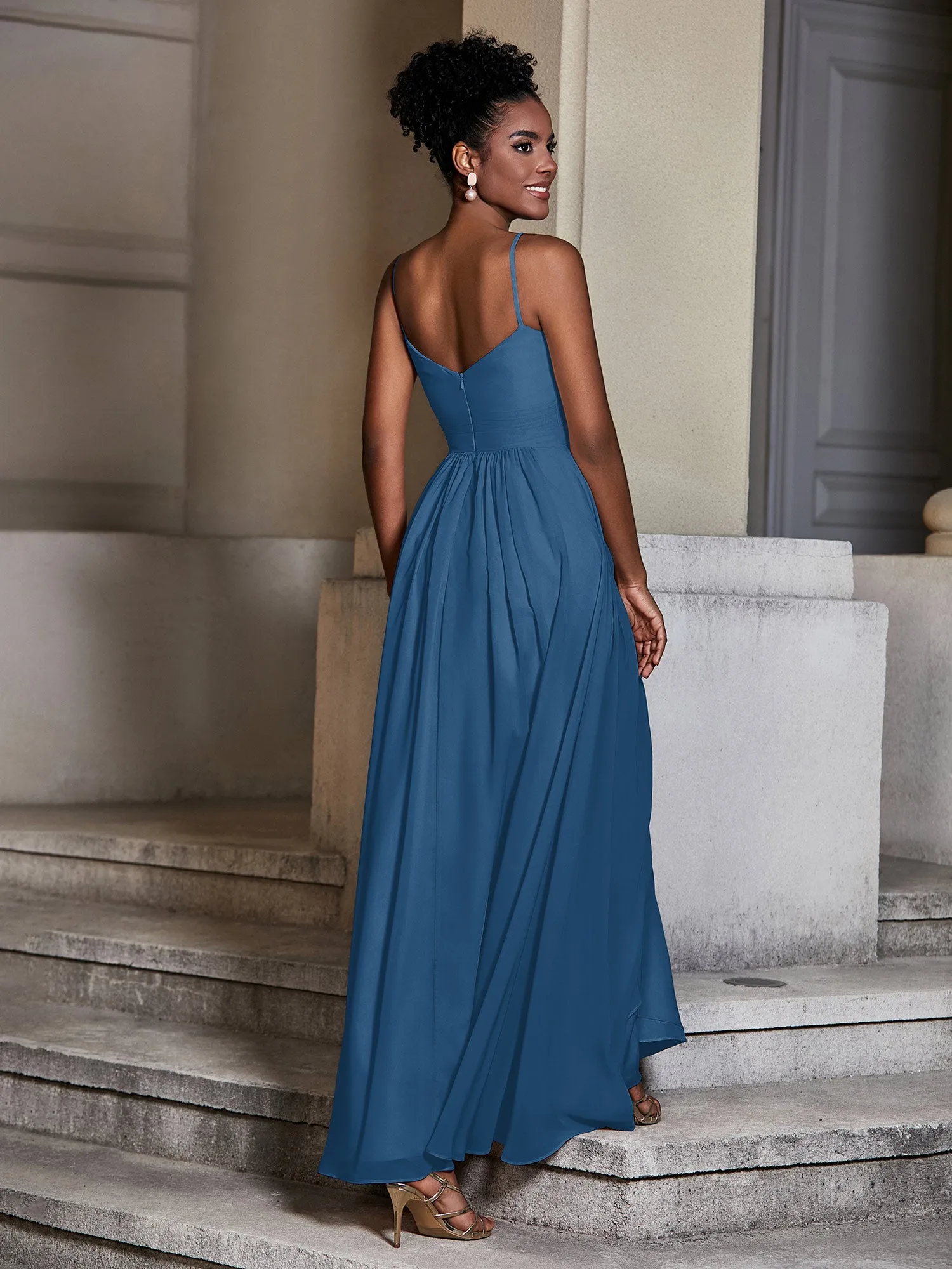 Cross Pleated Bodice Spaghetti Strap Dresses Ink Blue