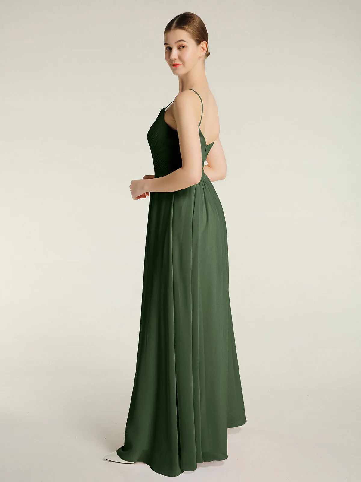Cross Pleated Bodice Spaghetti Strap Dresses Olive Green Plus Size