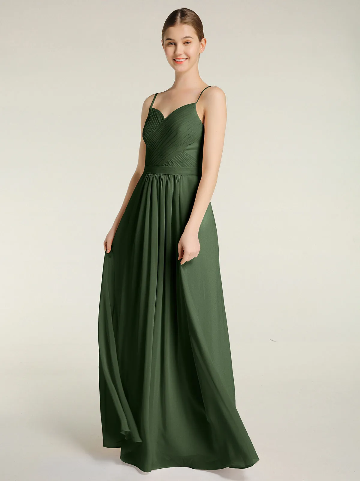 Cross Pleated Bodice Spaghetti Strap Dresses Olive Green Plus Size