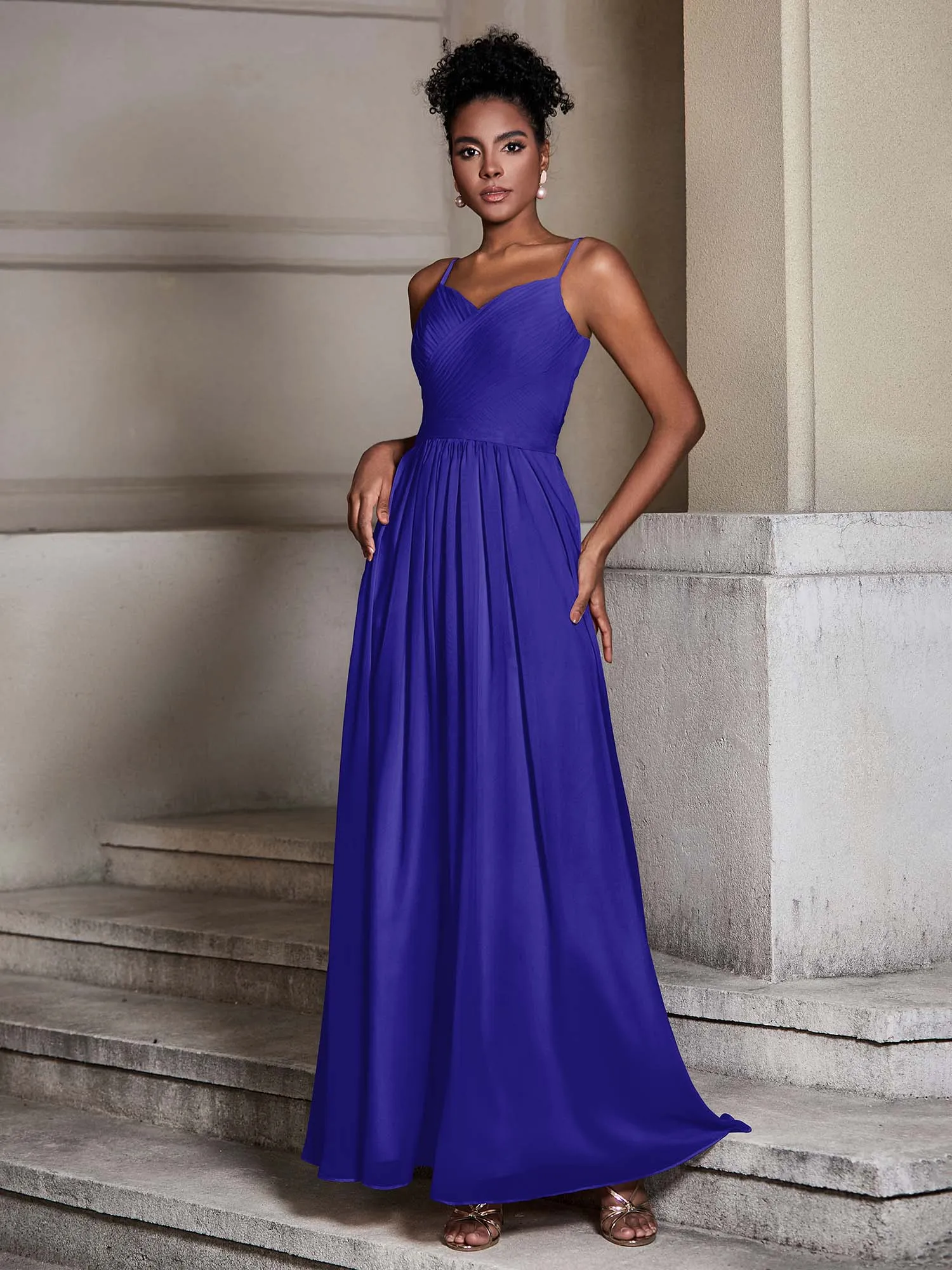 Cross Pleated Bodice Spaghetti Strap Dresses Royal Blue