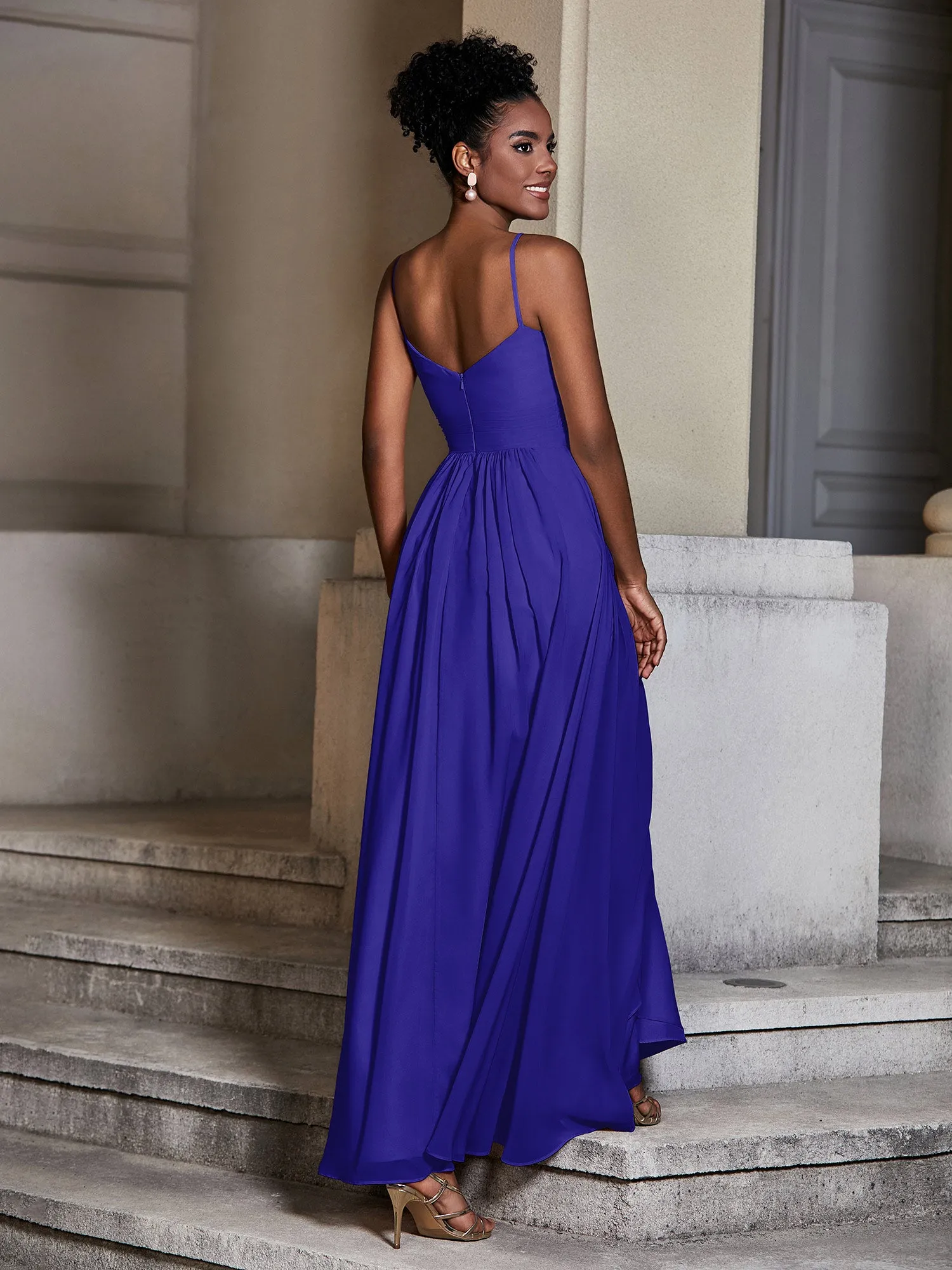 Cross Pleated Bodice Spaghetti Strap Dresses Royal Blue