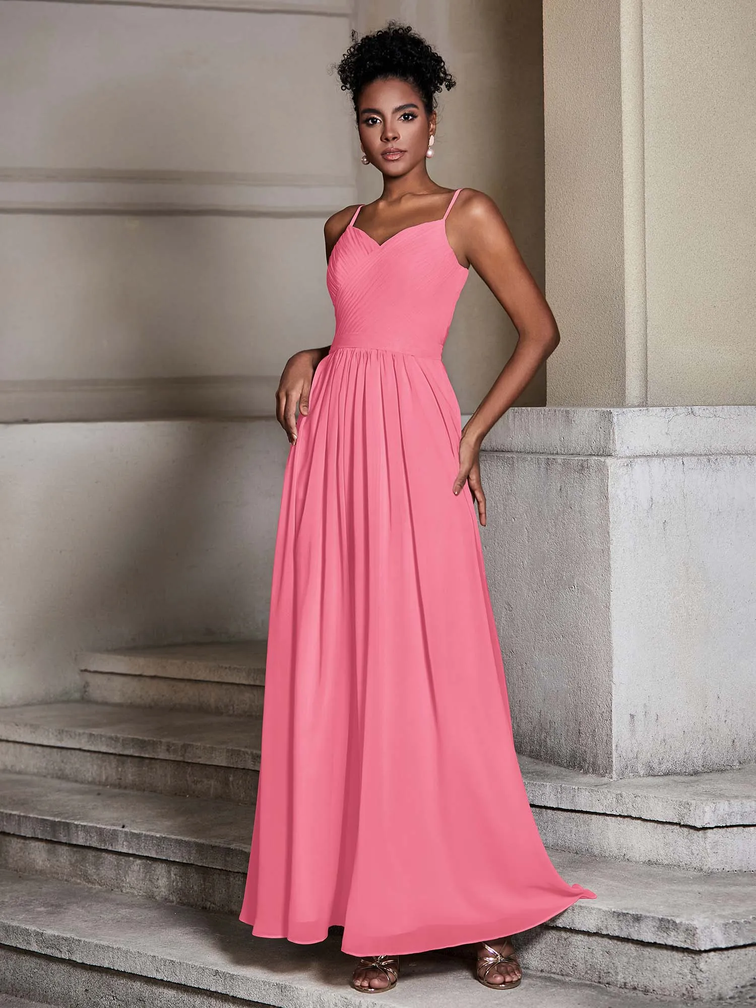 Cross Pleated Bodice Spaghetti Strap Dresses Watermelon