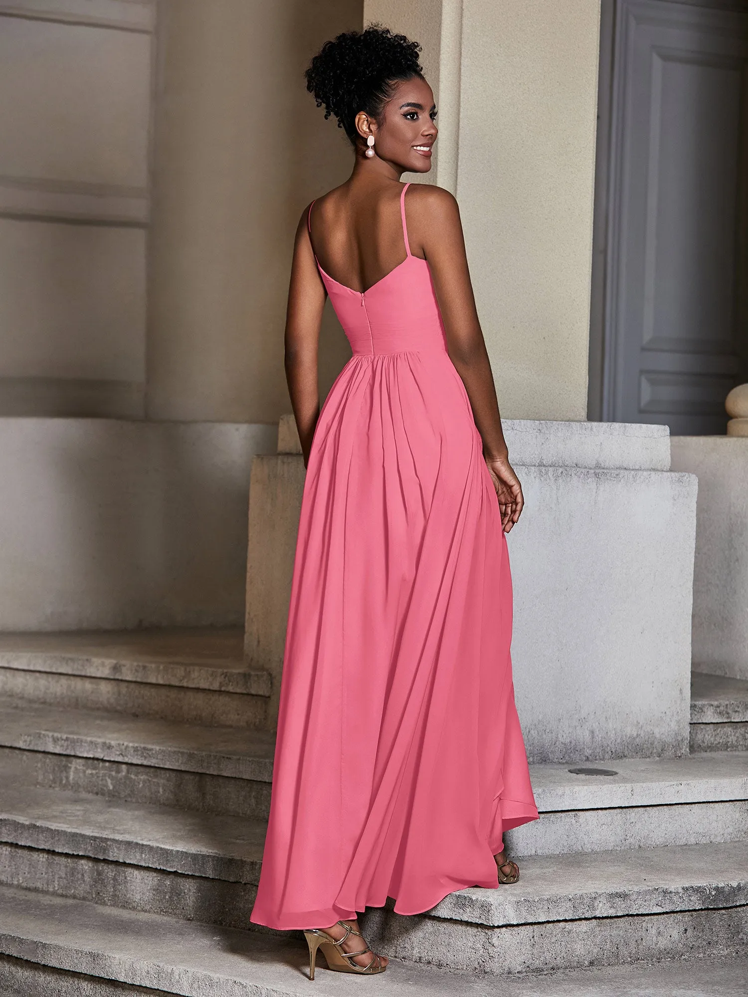 Cross Pleated Bodice Spaghetti Strap Dresses Watermelon