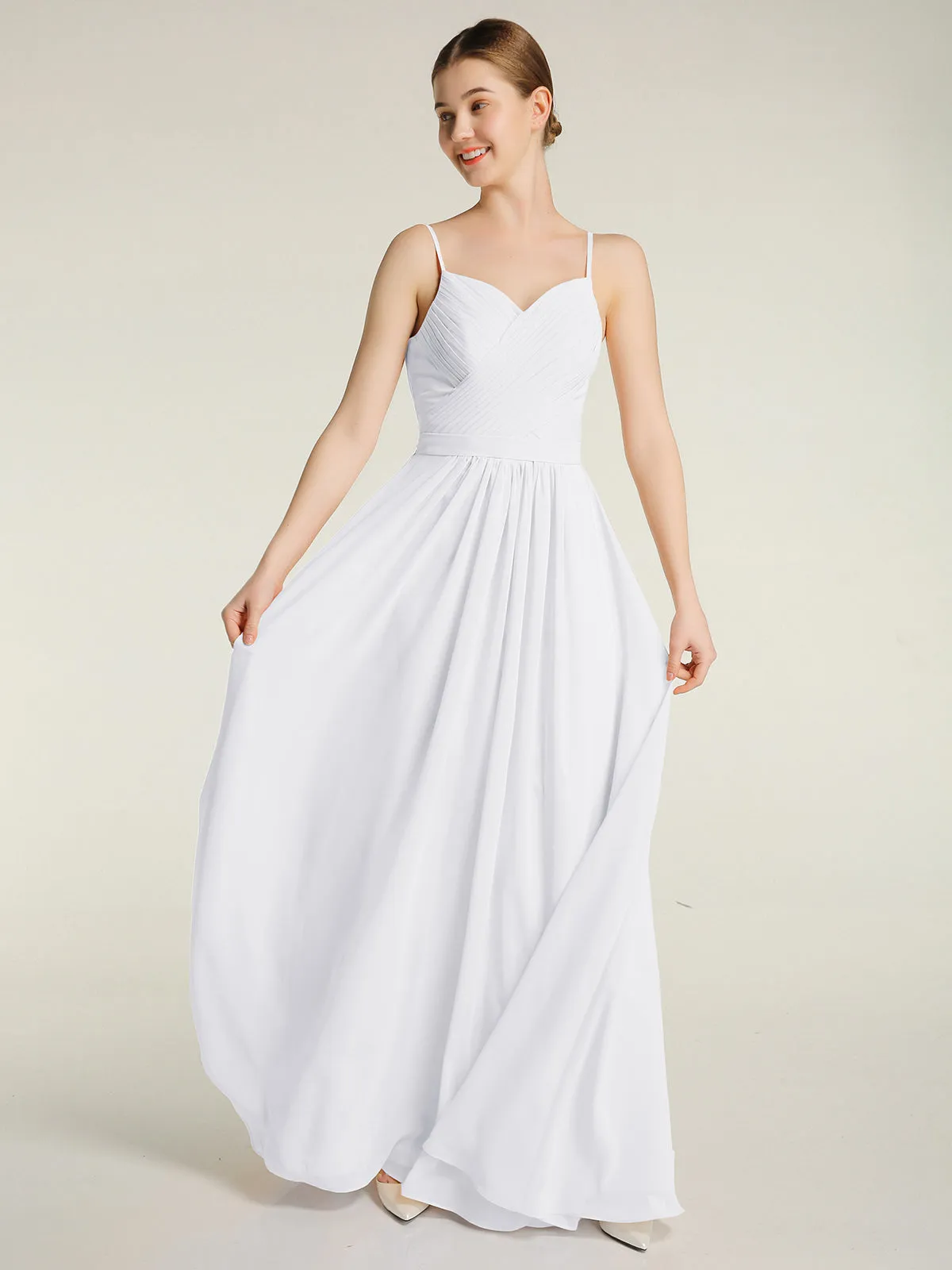 Cross Pleated Bodice Spaghetti Strap Dresses White Plus Size