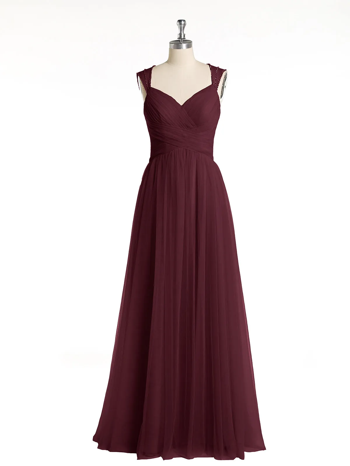 Cross-Pleated Tulle Long Dresses with Beaded Straps Cabernet