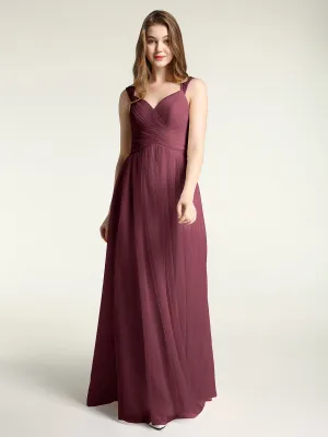 Cross-Pleated Tulle Long Dresses with Beaded Straps Cabernet