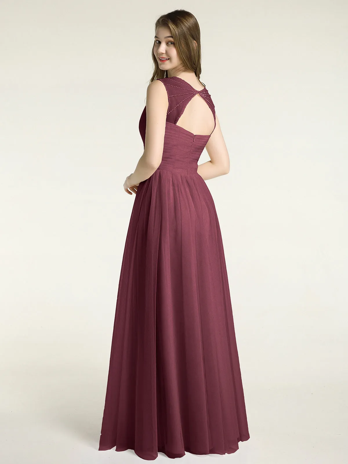 Cross-Pleated Tulle Long Dresses with Beaded Straps Cabernet